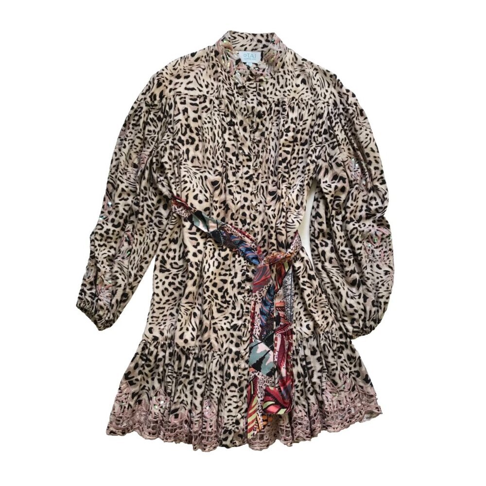 Taj by Sabrina Crippa Mini Dress Womens Small Brown Tan Leopard Cheetah Belted